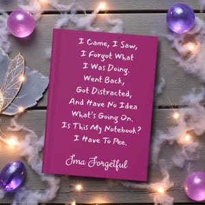 May include: A magenta notebook with the text "I Came, I Saw, I Forgot What I Was Doing... Is This My Notebook? I Have To Pee. Ima Forgetful" in white. The notebook is on a wooden surface with decorative lights and purple orbs.