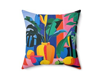 Almohada cuadrada de poliéster hilado colorido inspirada en Matisse