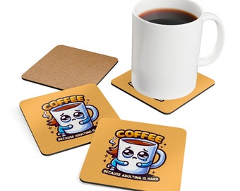 Coffee-Adulting is Hard Corkwood Coaster Set, Cute Coasters, Funny Coasters