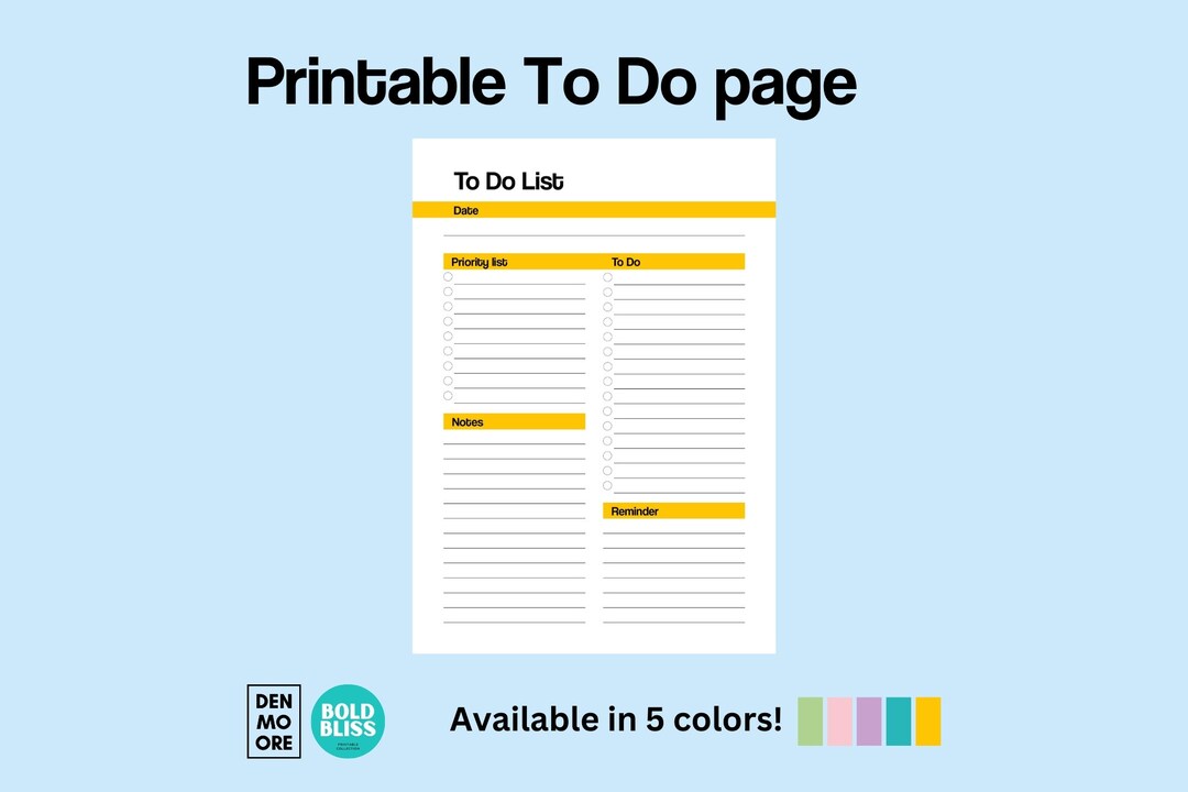 Printable to Do List Page in 5 Colors! - Etsy