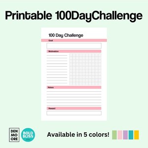 Printable 100 Day Challenge page in 5 colors!