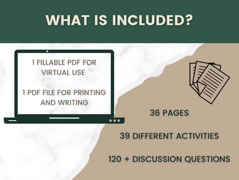 May include: A graphic with the text "WHAT IS INCLUDED?" and a list of items included in a digital product. The items include 1 fillable PDF for virtual use, 1 PDF file for printing and writing, 36 pages, 39 different activities, and 120+ discussion questions.
