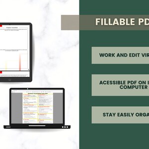 May include: A digital tablet and laptop computer displaying a fillable PDF document. The text on the screen reads "FILLABLE PDF", "WORK AND EDIT VIRTUALLY", "ACCESSIBLE PDF ON IPAD OR COMPUTER", and "STAY EASILY ORGANIZED".