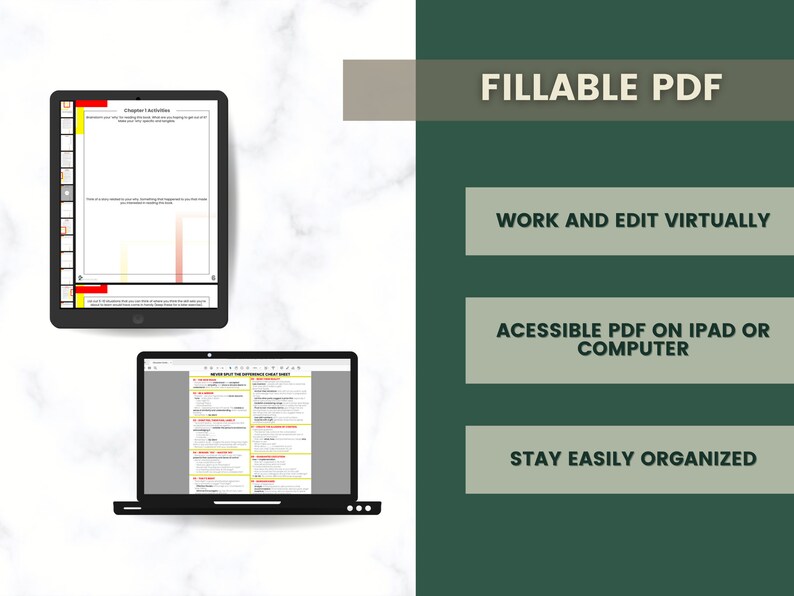 May include: A digital tablet and laptop computer displaying a fillable PDF document. The text on the screen reads "FILLABLE PDF", "WORK AND EDIT VIRTUALLY", "ACCESSIBLE PDF ON IPAD OR COMPUTER", and "STAY EASILY ORGANIZED".