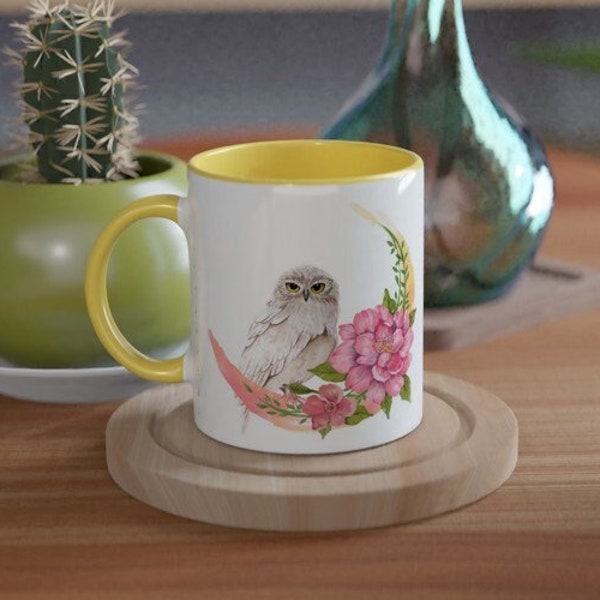 Owl Moon Floral Mug, Colored Mug, Owl Mug, Moon Mug