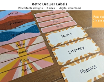 Retro 70s Classroom Drawer Trolley Tray Name Labels Editable Digital Download