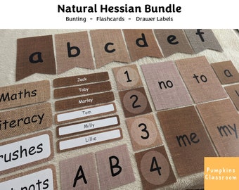 Natural Hessian Bundle - Flashcards Bunting Drawer Label Classroom Display Editable Digital Download