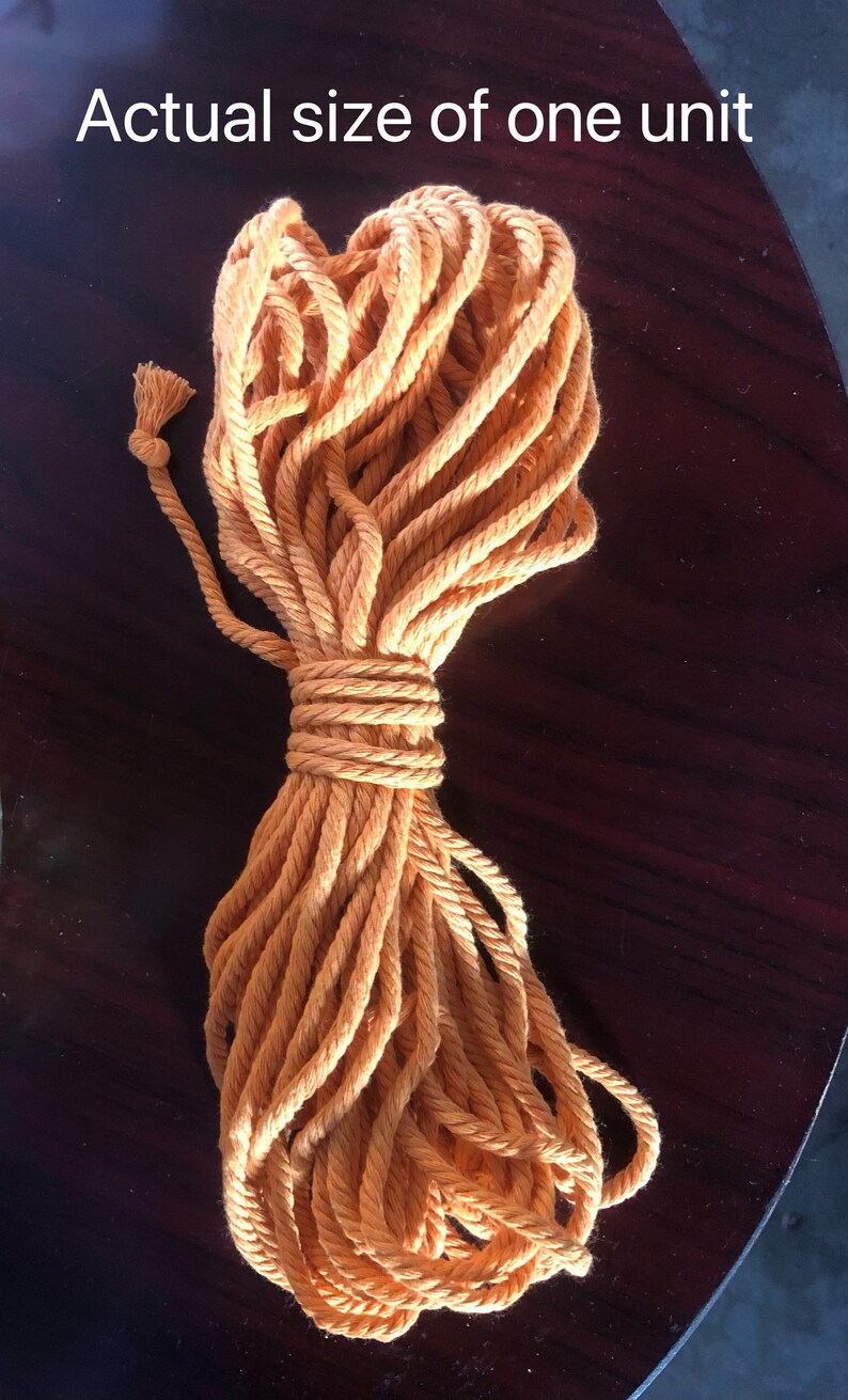 K&ouml;nnte beinhalten: Nahaufnahme eines orangefarbenen Seils, das aufgerollt ist. Das Seil ist etwa 3 Meter lang und aus Naturfasern hergestellt. Das Seil ist oben in einem Knoten gebunden. Der Text "Actual size of one unit" ist im Bild sichtbar.