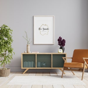 May include: A living room interior with a light grey wall, a wooden cabinet with a green wire mesh front, a brown leather armchair, a potted plant, a framed print with the text "Rio Grande" and a gold outline, and a floor lamp with a white lampshade.