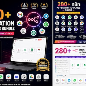 以下が含まれることがあります： n8nオートメーションテンプレートバンドルのデジタルマーケティング画像。ワークフロー図を表示するノートパソコン、様々なソフトウェアアプリケーションのアイコン、および280以上のすぐに使えるビジネス向け自動化ワークフローを宣伝するテキストが含まれています。