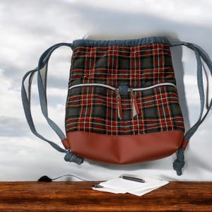 Drawstring backpack; upcycled fleece and denim backpack; school backpack