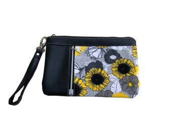 Black and yellow floral wristlet; wristlet wallet; cell phone wristlet; wristlet purse; large wristlet