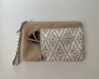 Beige and grey zippered wristlet purse, zippy clutch, wristlet wallet, designer wristlet, wristlet purse