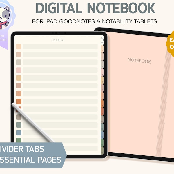 Digital 14 Hyperlinked tabs Notebook 25 essential Note Templates for Goodnotes/Notability, Earthy tones Digital Planner For Ipad and Tablets