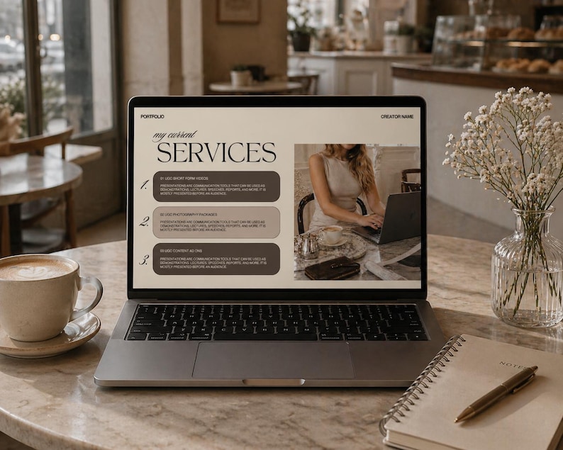 May include: A laptop displaying a portfolio with the text "my current SERVICES" and a woman working on it. A cup of coffee, a notebook, a pen, and a vase of flowers are on the table. The laptop screen shows a list of services.