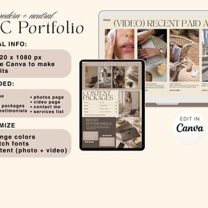 May include: A digital UGC portfolio template with a modern, neutral design. The template includes sections for general info, included features, and customization options. The design features a tablet and laptop displaying portfolio examples, with the text "Edit in Canva".