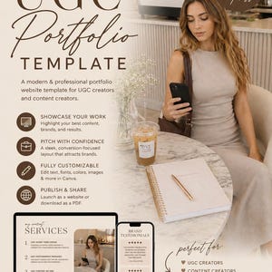 May include: A promotional image for a UGC Portfolio Template. The image features a woman holding a phone, a notebook, and a coffee drink. The template is designed for content creators and includes features like showcasing work and publishing as a website or PDF.