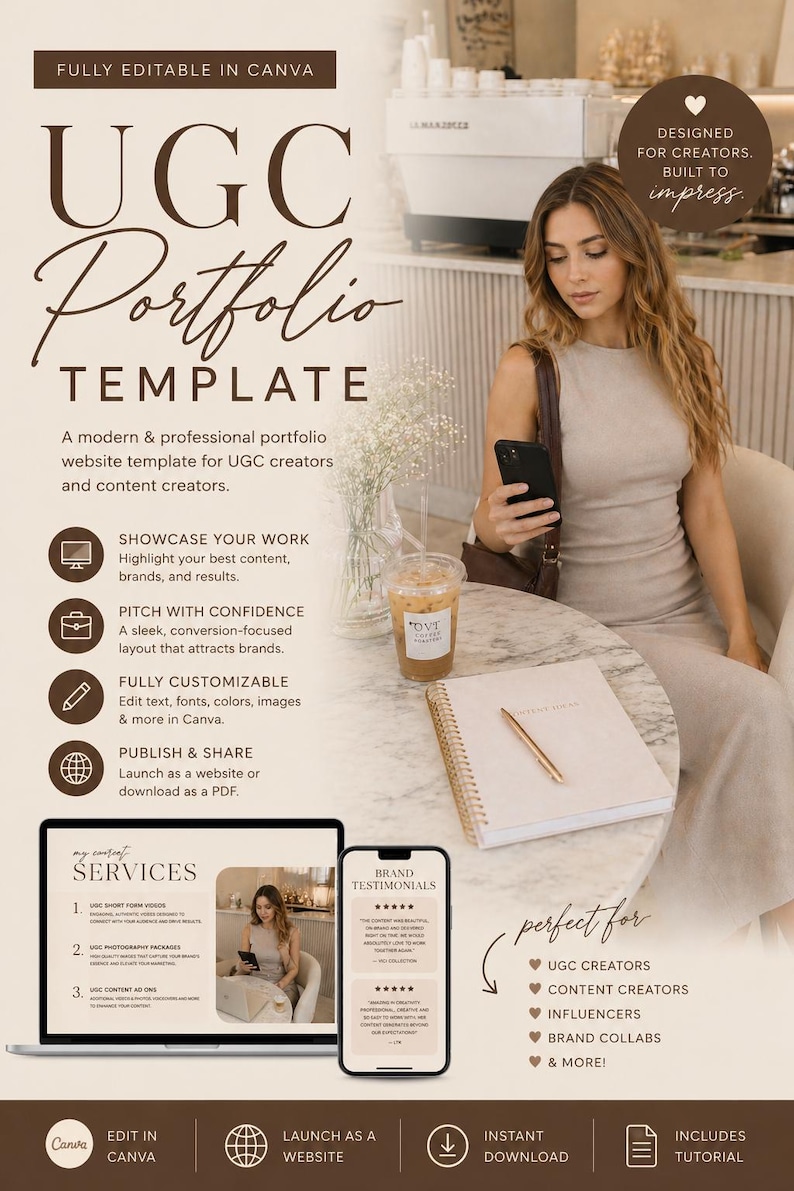 May include: A promotional image for a UGC Portfolio Template. The image features a woman holding a phone, a notebook, and a coffee drink. The template is designed for content creators and includes features like showcasing work and publishing as a website or PDF.