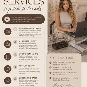 May include: A promotional graphic titled "How to List Your Services to Pitch to Brands." It features a woman working on a laptop, with text outlining services like UGC short-form videos, photography, and product reviews. The graphic is designed to help creators showcase their value.