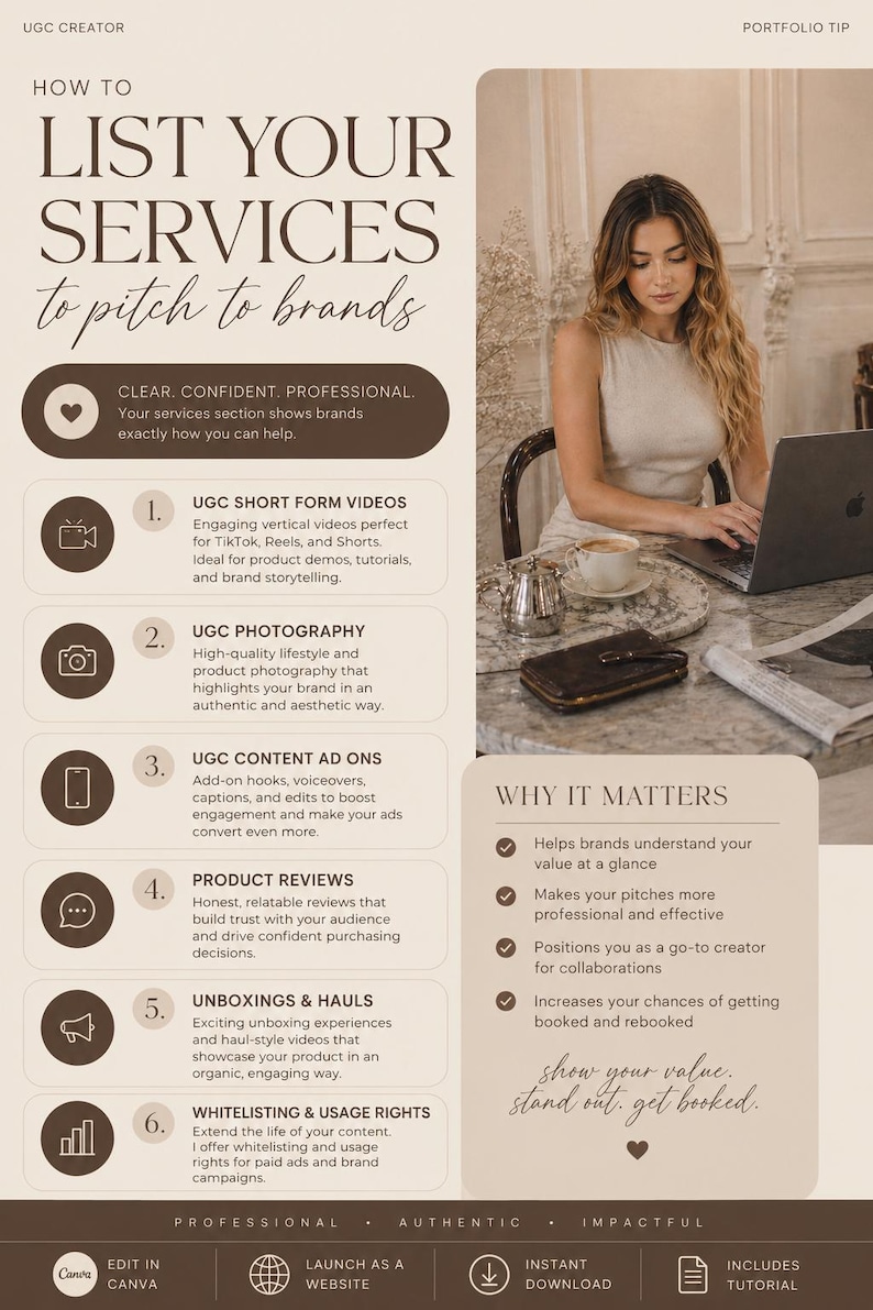 May include: A promotional graphic titled "How to List Your Services to Pitch to Brands." It features a woman working on a laptop, with text outlining services like UGC short-form videos, photography, and product reviews. The graphic is designed to help creators showcase their value.