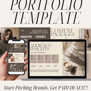May include: A digital marketing template with the Canva logo, titled "UGC Portfolio Template." The image shows a laptop and smartphone displaying portfolio examples, audience insights, and brand collaborations. The text encourages users to "Start Pitching Brands, Get PAID DEALS!!!"