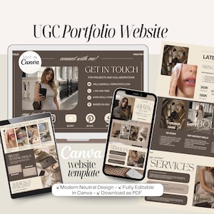 May include: A digital mockup of a UGC Portfolio Website, displayed on a tablet, laptop, and smartphone. The website template features a modern, neutral design with sections for projects, collaborations, and services. Text includes "Edit in Canva" and "Download as PDF."