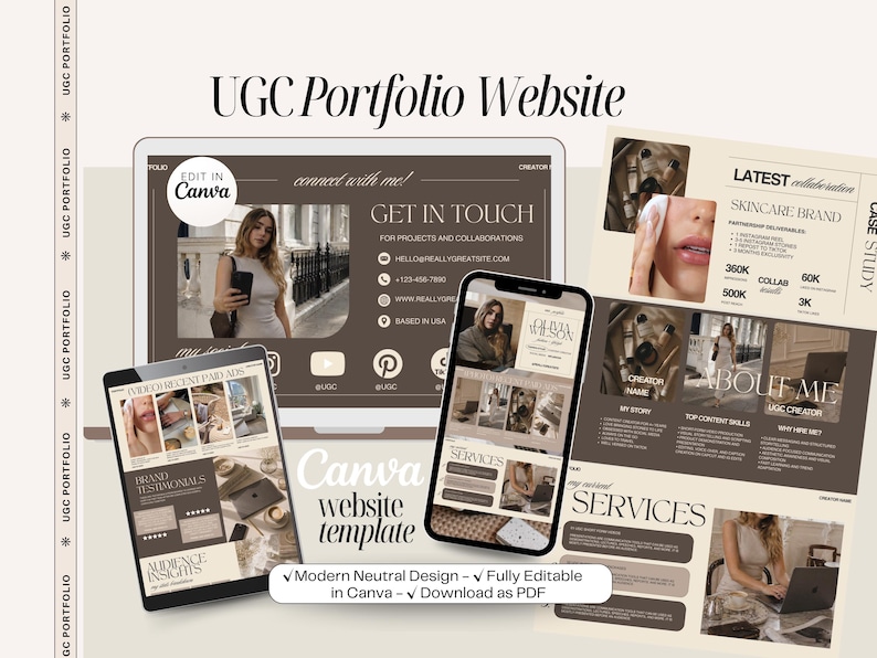 May include: A digital mockup of a UGC Portfolio Website, displayed on a tablet, laptop, and smartphone. The website template features a modern, neutral design with sections for projects, collaborations, and services. Text includes "Edit in Canva" and "Download as PDF."