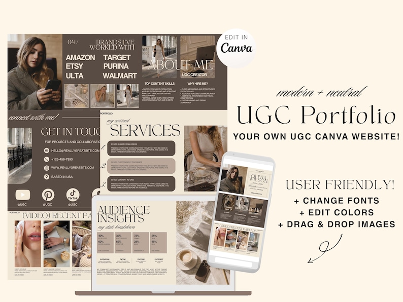 UGC portfolio canva website layout that's neutral brown and tan