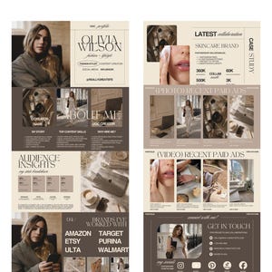 May include: A digital marketing portfolio with a beige and brown color scheme. The portfolio includes sections for a profile, about me, audience insights, brands worked with, and case studies. The text includes "Olivia Wilson", "Fashion Stylist", and social media handles.