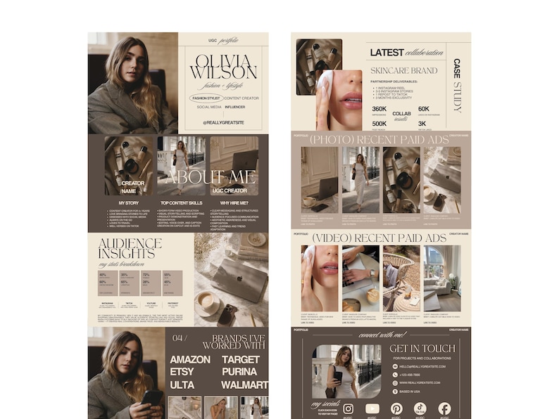 May include: A digital marketing portfolio with a beige and brown color scheme. The portfolio includes sections for a profile, about me, audience insights, brands worked with, and case studies. The text includes "Olivia Wilson", "Fashion Stylist", and social media handles.