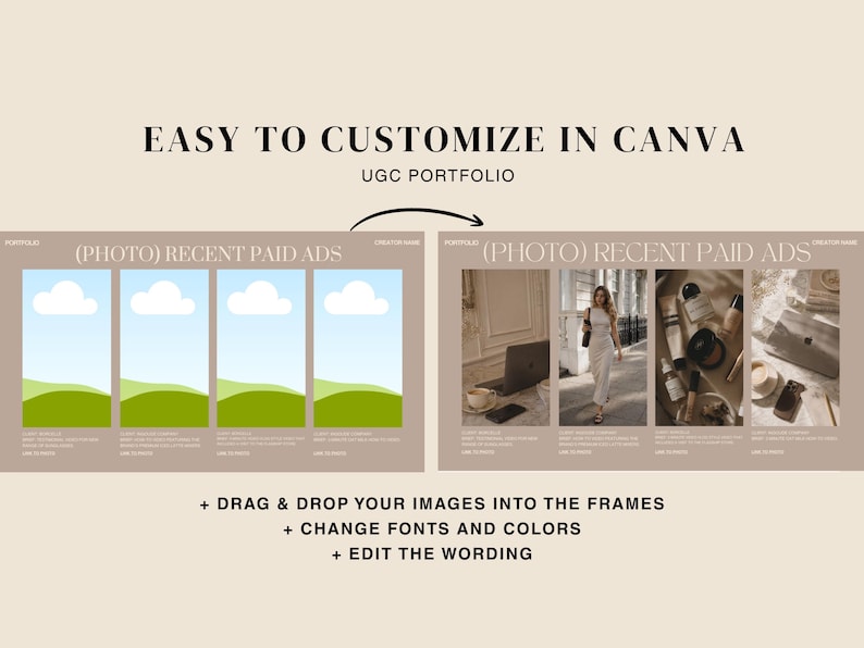 May include: A digital template with the text "EASY TO CUSTOMIZE IN CANVA UGC PORTFOLIO." The template includes placeholders for images, with the instructions to drag and drop images, change fonts and colors, and edit the wording.