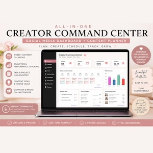 Pode incluir: Um laptop exibe o painel "Creator Command Center", um planejador de conteúdo e mídia social. A tela mostra análises, um calendário de conteúdo semanal e ferramentas de gerenciamento de tarefas. O texto inclui "Download instantâneo" e "Bela estética".