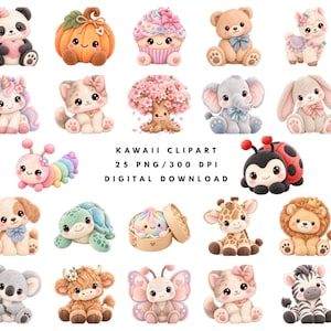 Könnte beinhalten: Eine Sammlung von fünfundzwanzig digitalen Illustrationen im Kawaii-Stil mit Tieren und Objekten, darunter ein Panda, Kürbis, Cupcake, Bär, Lama, Einhorn, Katze, Baum, Elefant, Hase, Raupe, Marienkäfer, Hund, Schildkröte, Knödel, Giraffe, Löwe, Koala, Kuh, Schmetterling und Zebra.