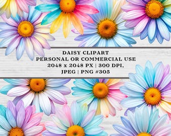 May include: A collection of colorful daisy clipart images. Each daisy features a vibrant orange center surrounded by petals in shades of pink, blue, yellow, and purple. The text "DAISY CLIPART" is displayed, along with details about personal or commercial use.