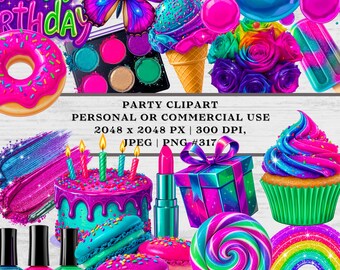 Birthday Party Clipart,  Vibrant Party Clipart, 25 JPEG / PNG 300 DPI High Resolution, Personal or Commercial Use. For invites, etc.
