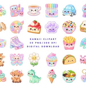 Puede incluir: Una colección de ilustraciones digitales coloridas con personajes y objetos lindos que incluyen malvaviscos, maquillaje, té, marcadores, un coche, una máquina de chicles, comida, animales y patines con el texto KAWAII CLIPART 50 PNG/300 DPI DIGITAL DOWNLOAD.