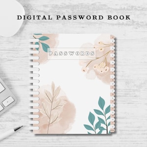 May include: A spiral-bound password book with the text "DIGITAL PASSWORD BOOK" at the top. The cover features watercolor-style floral designs in shades of pink, beige, and teal. The word "PASSWORDS" is centered on the cover.