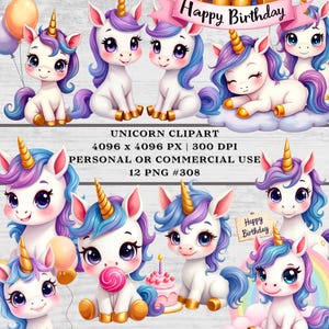 Unicorn Clipart, 12 PNG, Watercolor Baby Unicorn, 300 DPI High Resolution, Illustration, Personal or Commercial Use. #308