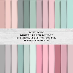 Könnte beinhalten: Ein digitales Papierpaket mit 24 Blättern mit weichen, pastellfarbenen Mustern. Die Muster sind eine Mischung aus Hellrosa, Hellblau und Grau. Das Papier ist 30,48 cm x 30,48 cm groß und hat 300 DPI. Der Text "SOFT BOHO DIGITAL PAPER BUNDLE 24 SHEETS, 12 x 12 INCH, 300 DPI, SEAMLESS, JPEG, #162" wird auf einem weißen Holzgrund angezeigt.