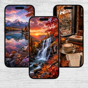 May include: Three smartphones displaying autumn-themed wallpapers. The left shows a mountain lake at sunset, the centre a waterfall surrounded by orange foliage, and the right a cosy indoor scene with a coffee cup, books, and text reading COFFEE BOOKS GOOD TIMES.
