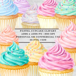 May include: A selection of watercolour cupcakes with pastel-coloured frosting in shades of blue, pink, green, and yellow. Each cupcake has a golden-brown base and is decorated with sprinkles and star-shaped sweets. The image includes the text "PASTEL CUPCAKE CLIPART".