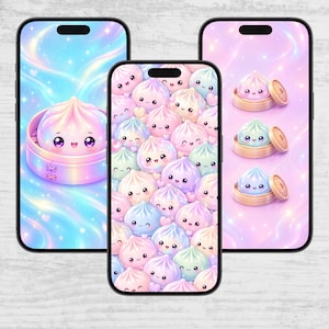May include: Three smartphones displaying digital wallpaper designs featuring cute, pastel-coloured, anthropomorphic steamed buns with smiling faces. The backgrounds are iridescent and swirling with soft pink, blue, and purple hues and sparkles.