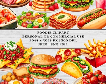 フードクリップアート、水彩画風ファストフードクリップアート、JPEG / PNG 300 DPI高解像度28点。個人または商用利用可能。工作、招待状などに。