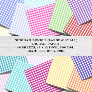 Puede incluir: Una colección de hojas de papel digital de cuadros vichy de colores, en varios colores, incluyendo azul, rosa, verde y morado. El texto de la imagen dice: "GINGHAM BUNDLE (LARGE & SMALL) DIGITAL PAPER 48 HOJAS, 30.48 x 30.48 CM, 300 DPI, SEAMLESS, JPEG, #206."
