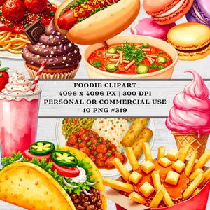 Foodie Clipart, 10 PNG, Watercolor Food Clipart, 300 DPI High Resolution, Personal or Commercial Use. For crafting, invites, etc. #319