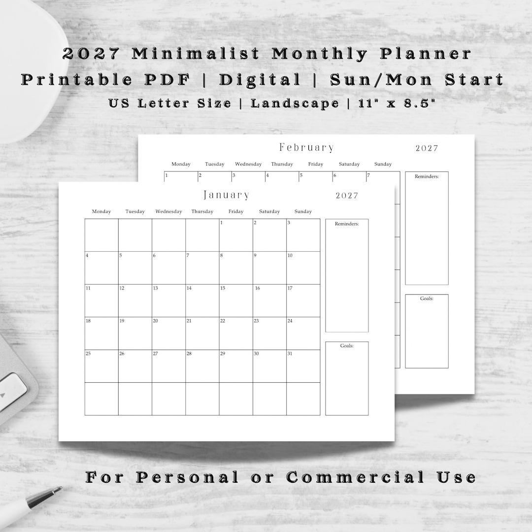 2027 Monthly Planner, Printable PDF, Minimalist, Dated Calendar, Sunday