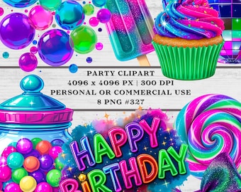 Birthday Party Clipart,  8 PNG, Vibrant Party Clipart, 300 DPI High Resolution, Personal or Commercial Use. For crafting, invites, etc. #327