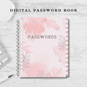May include: A pink digital password book with a watercolor background and black leaf designs. The book has a white spiral binding and a tabbed index along the right edge. The cover says "PASSWORDS" in black text.