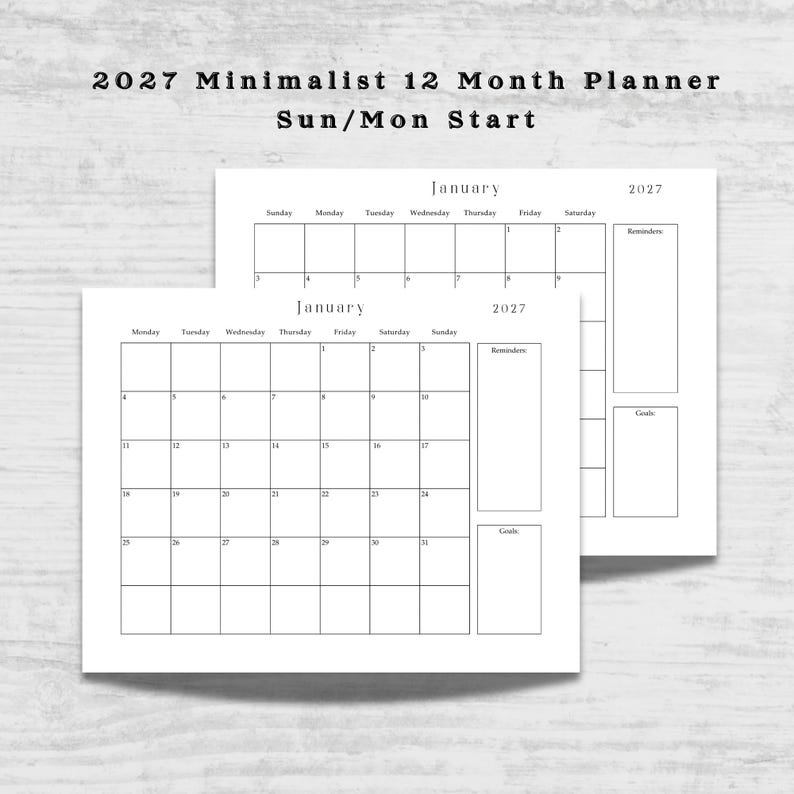 2027 Monthly Planner, Printable PDF, Minimalist, Dated Calendar, Sunday