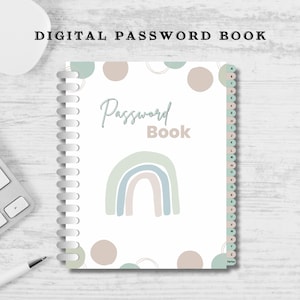 May include: A digital password book with a white cover and a rainbow design. The cover has a light green, light blue, and beige colour scheme. The book has a spiral binding and an alphabet index on the right side.